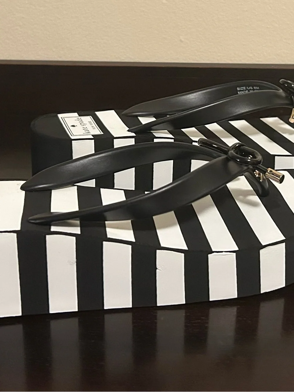 Kate Spade Rhett Black White Striped Platform Wedge Bow Sandals Size 8